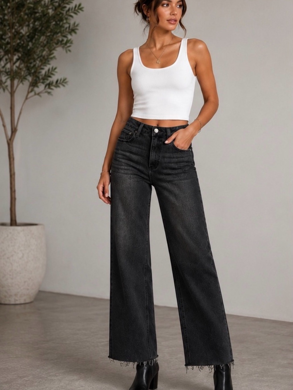 High-Rise Wide Leg Jeans in Washed Black